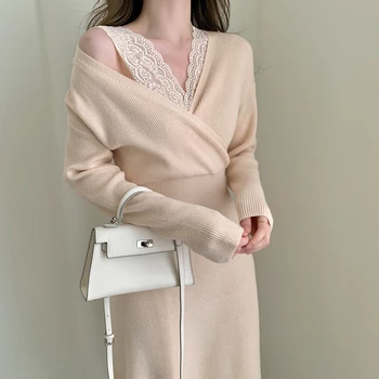 Elegantan haljinu-džemper Donje 2021 V-izrez u obliku Ženski dres Dnevne haljine marelica boje Nove zimske korejski tople pletene ravnici elegantne debela 