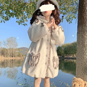 Jesenski slatka jakna od vune janje Ženska jakna od umjetnog krzna na zakopčane Плюшевое kaput za djevojčice Zima Lolita Kawai je Mačji uho s kapuljačom Vintage odjeća 