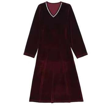 Plus Size 6XL Baršunasto haljina Za žene 2022 Novi Casual V-izrez u obliku Slobodan Maxi haljina Crvena s dugim rukavima jednobojnu Zimske večernje haljine J113