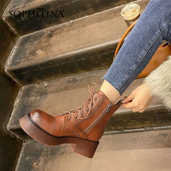 SOPHITINA Jesensko-zimske ženske čizme od prave kože Kratke pliš cipele čipka-up na debelim potplatima Đonovi ženske cipele NO301