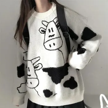 WYWM 2021 Zima Kawai pletene džemper sa po cijeloj površini Za žene Jesen Korejski Slobodan pulover s uzorkom krave Ženske prevelike lijeni vrhovima