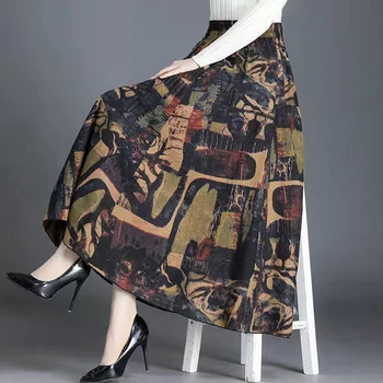 Šaren Pamučnim lanena suknja dupli sloj s visokim strukom Velika ljuljačka Vintage cvjetni velike suknja-trapeza Jesenski suknja